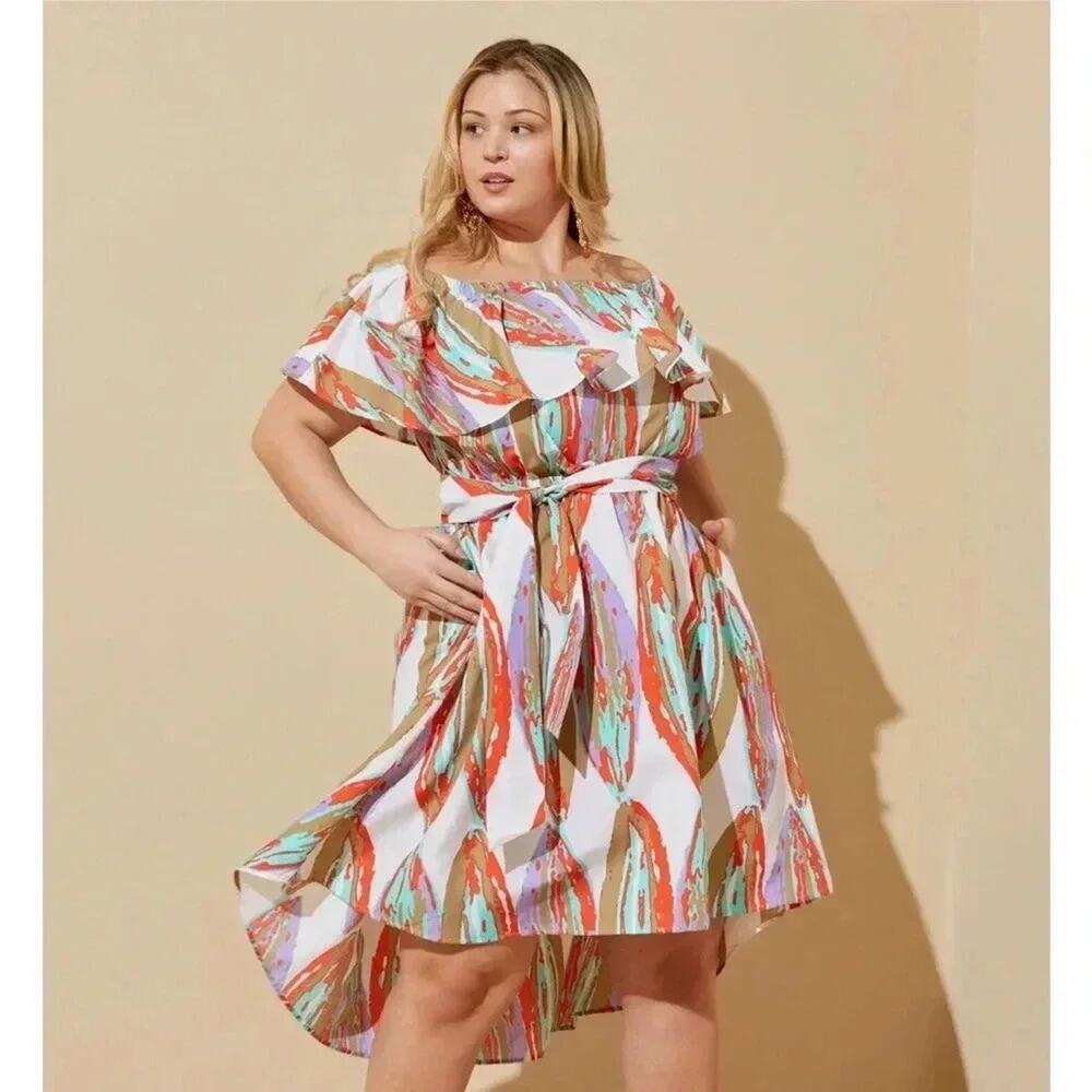 Ashley Stewart, colorful off the shoulder summer dress travel plus size